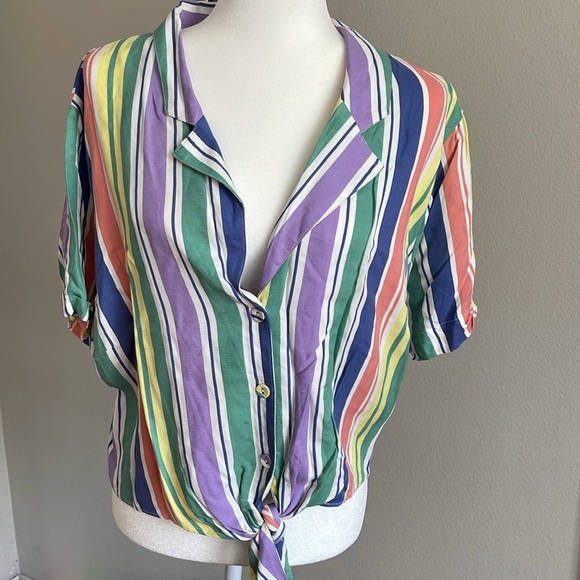 Forever 21 Purple and Green Tie Front Button Down Shirt Size 2X - Picture 1 of 7
